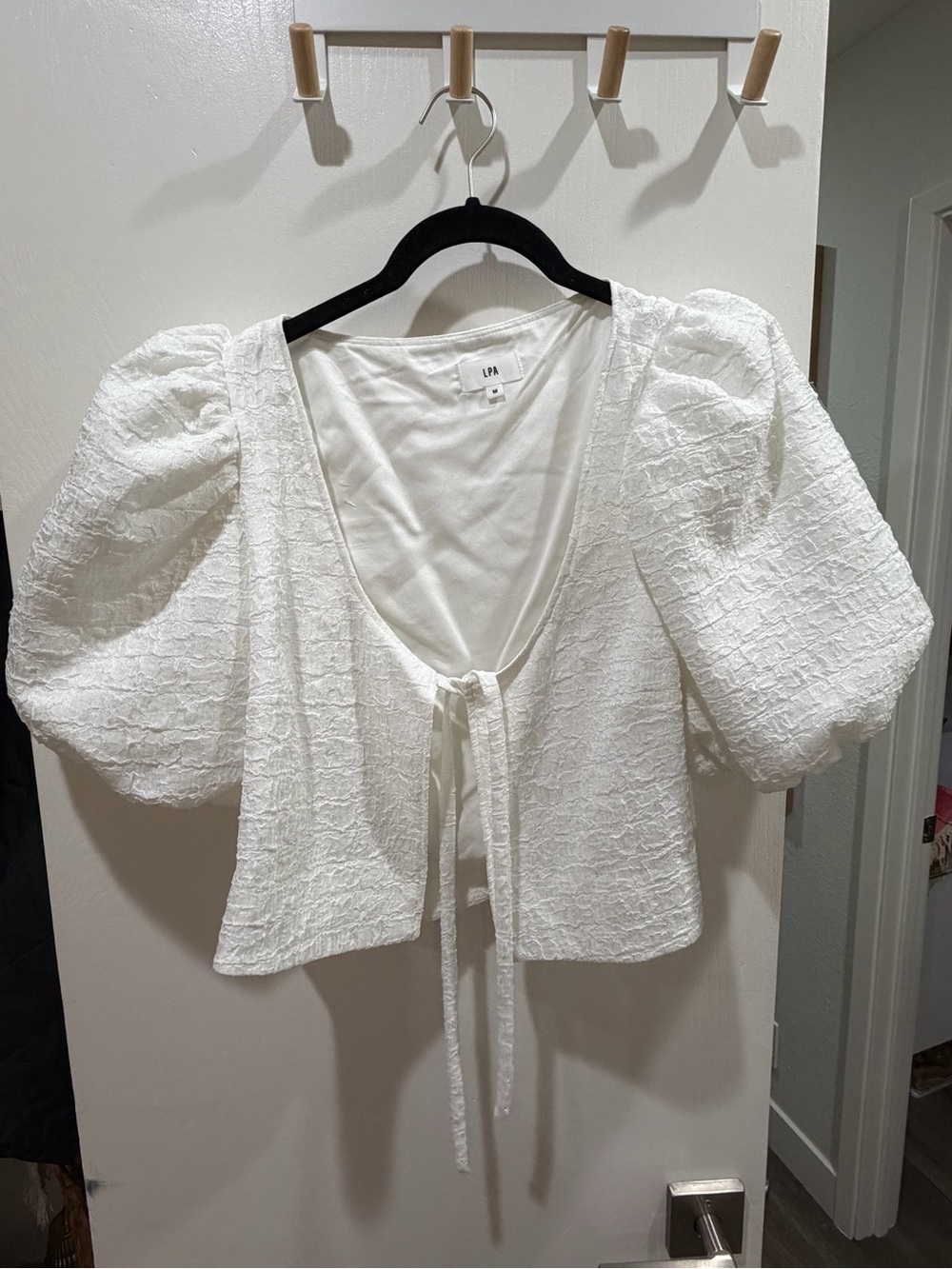 LPA White Puff Sleeve Tie-Front Cropped Blouse